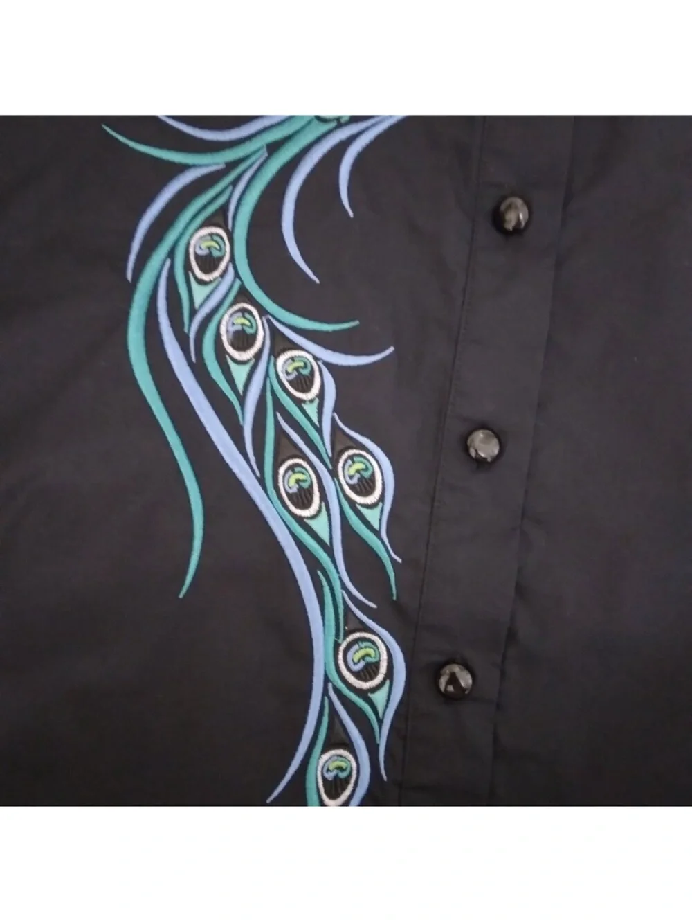 Bob Mackie Black Button-Front Shirt with Teal and Blue Peacock Motif